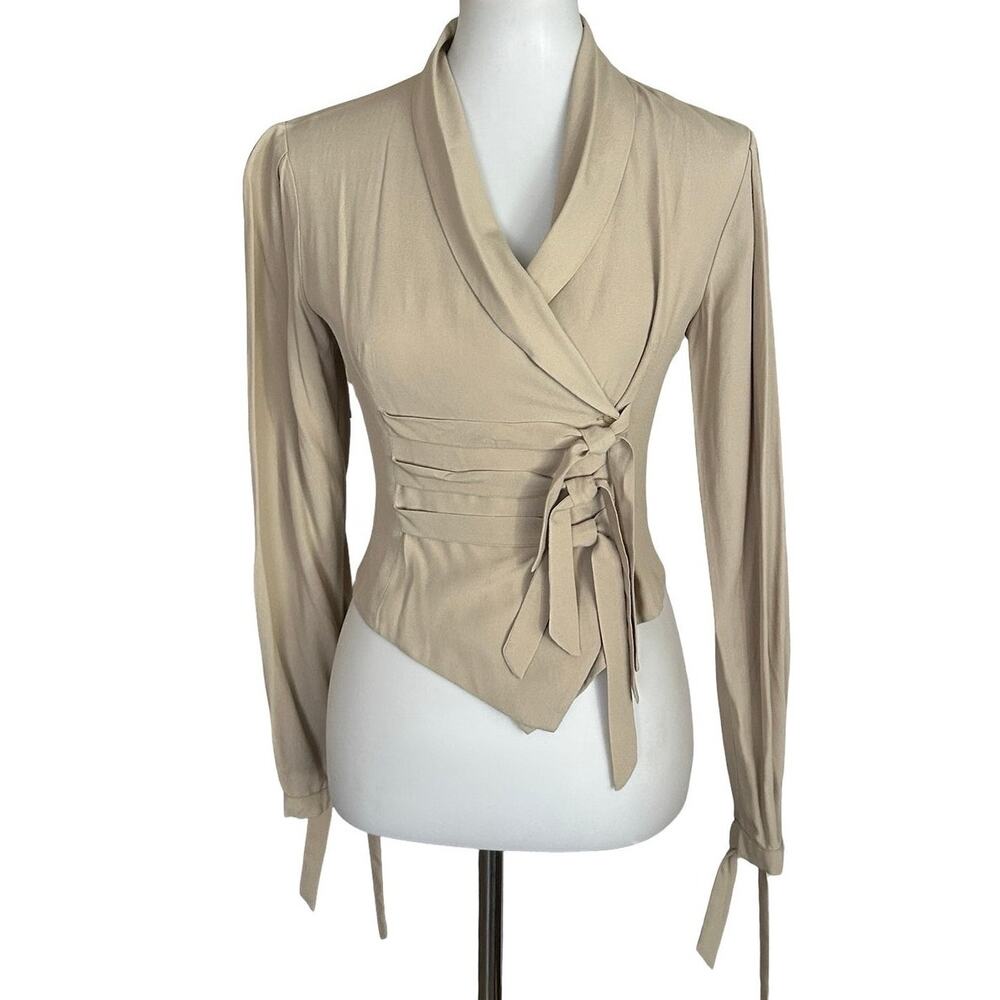 Vintage 90s Bebe Corset Tie Wrap Blouse Taupe Beige P
